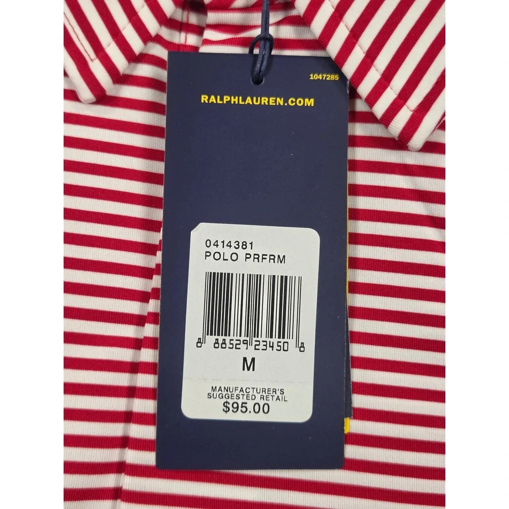Polo Ralph Lauren Performance Mens Red White Striped Golf Polo Shirt Size M NWT